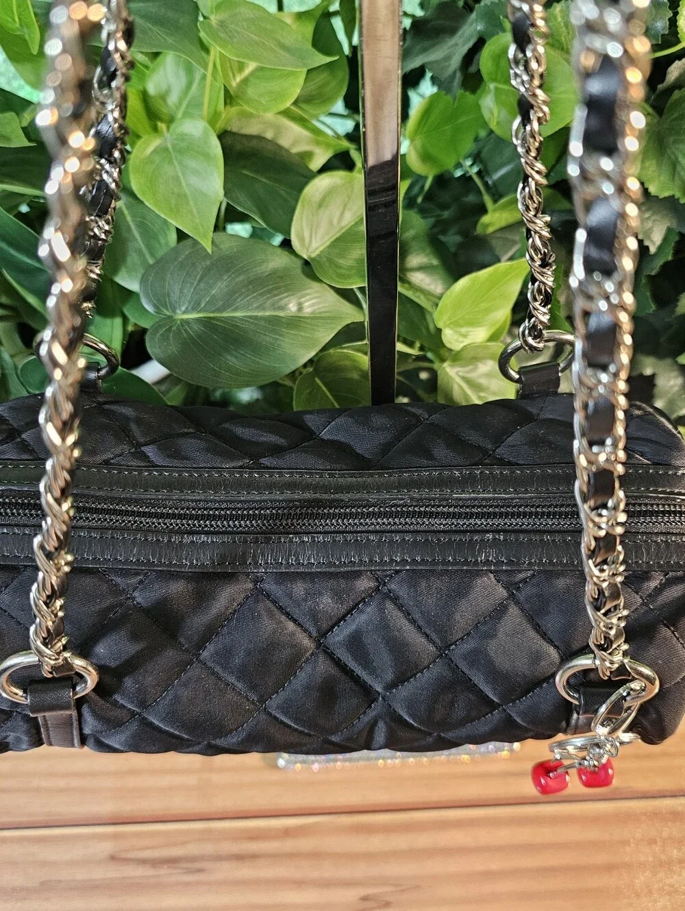 Talbots Black Quilted Barrel Bag Nylon Leather Trim Silver Hardware